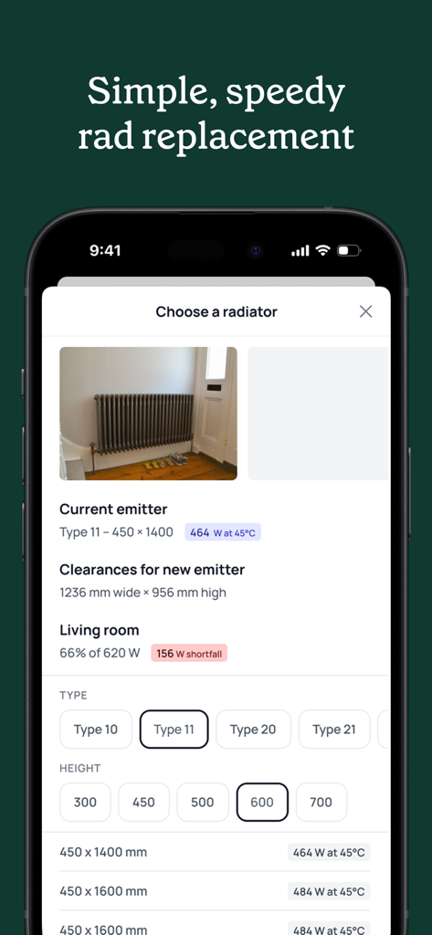 Spruce Energy mobile app screen showing radiator sizing and selection for heat pump installations