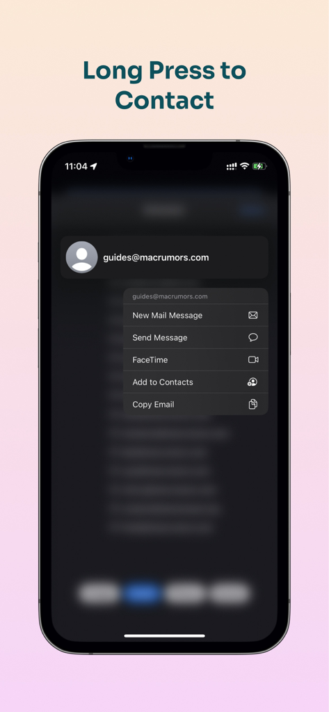 Extractor for Safari - Interfaz de la aplicación que muestra opciones para contactar una dirección de correo electrónico extraída mediante pulsación larga.