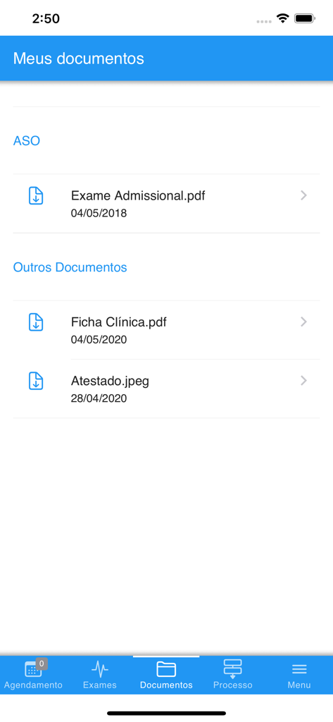 Digital list of occupational medical exams and documents in MEUSOC app