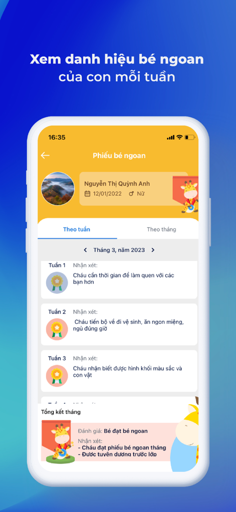 vnEdu Connect - Interface de l'application vnEdu Connect montrant un rapport hebdomadaire de bon comportement de l'élève avec les commentaires de l'enseignant et le suivi des progrès