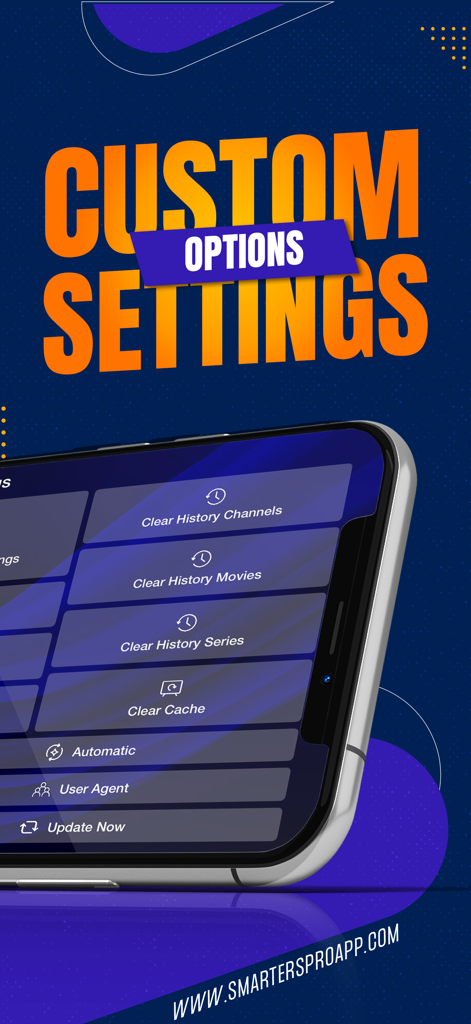 Menu des paramètres de l'application Smarters IPTV Pro sur un smartphone, avec des options personnalisées et des boutons pour effacer l'historique.