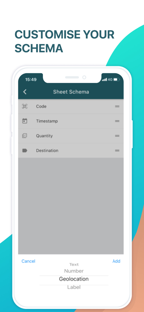 Interface for customizing spreadsheet data fields with options for geolocation and timestamps
