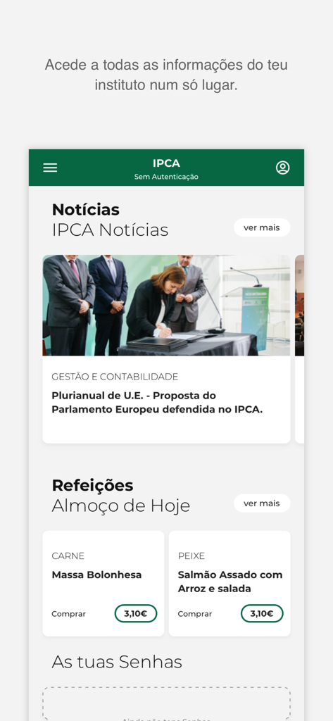 Plataforma sasocial - Plataforma sasocial app dashboard displaying university news and daily lunch menu options