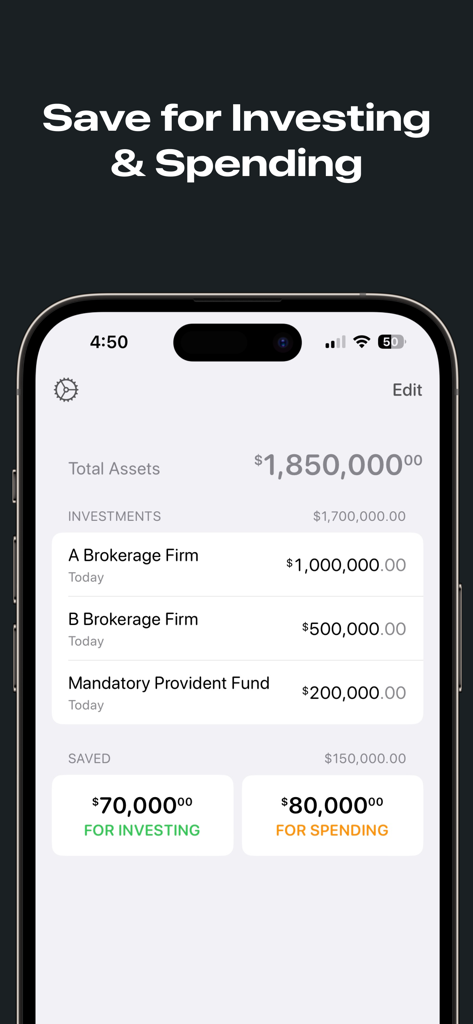 Money Zen: Expense Tracker - Money Zen app screenshot showing total assets and balances for investing and spending