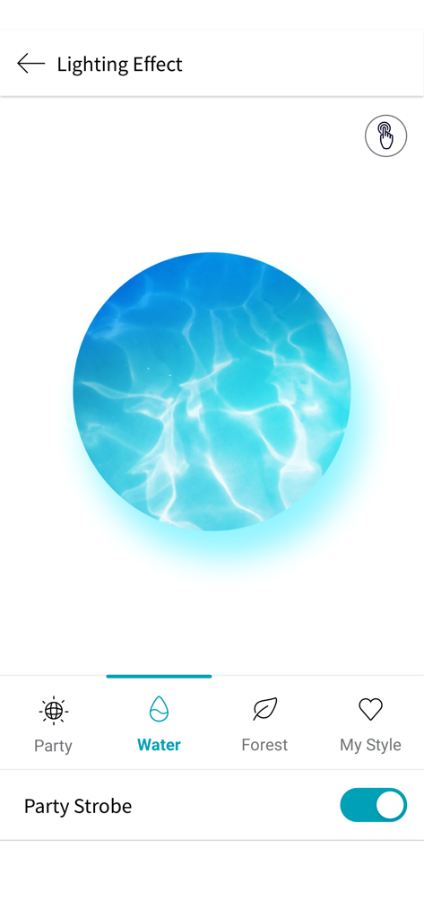 LG XBOOM – 2024 and earlier - Pantalla de efectos de iluminación de la aplicación LG XBOOM que muestra la selección del modo de agua