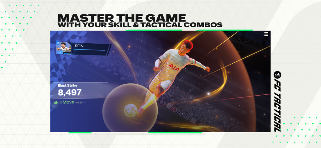 In-game screenshot of EA SPORTS FC Tactical showing player Son Heung-min performing a Blast Strike skill move with tactical effects