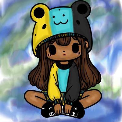 a girl wearing a frog hat and some frog socks