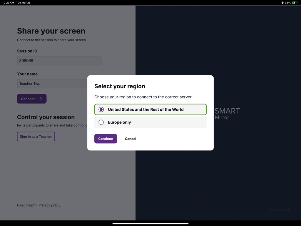 Region selection pop up window on the SMART Mirror app screen sharing setup page
