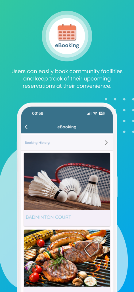 배드민턴 코트와 BBQ 구역 예약 옵션을 보여주는 eCommunity 앱의 eBooking 기능 스크린샷