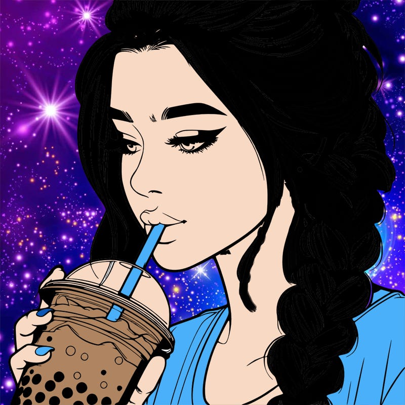 realistic girl drinking boba tea with braided hair