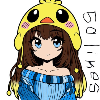 anime girl with chick shaped hat with sweater with bare shoulders with bangs covering them one eye with low tail