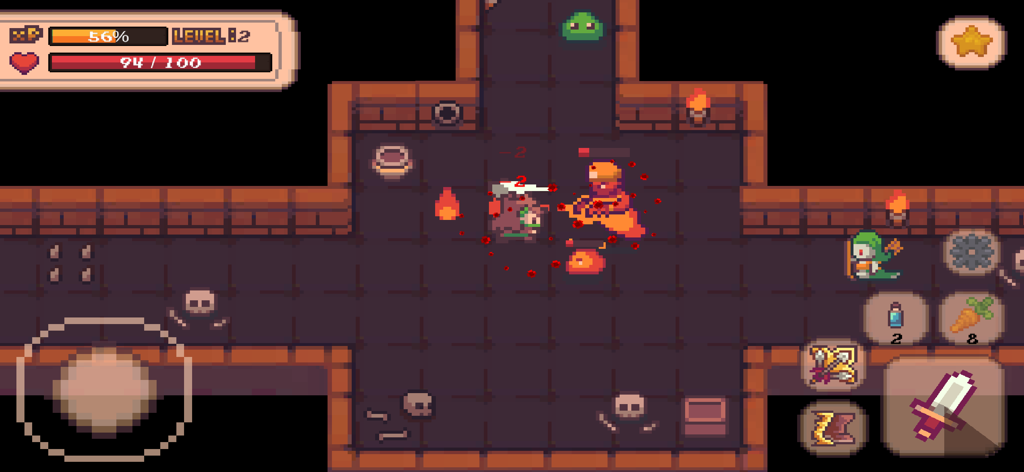 Megis Adventure - Ein Charakter kämpft gegen Schleime in einem Pixel-Art-Dungeon innerhalb des Megis Adventure Mobile Games.