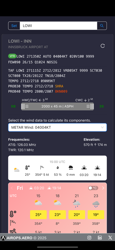 Airops Copilot - Airops Copilot app showing METAR TAF and wind component calculations for Innsbruck Airport.