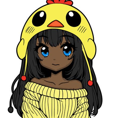 anime girl with chick shaped hat with sweater with bare shoulders with bangs covering them one eye with low tail
