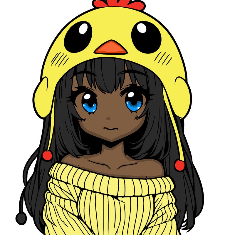 anime girl with chick shaped hat with sweater with bare shoulders with bangs covering them one eye with low tail