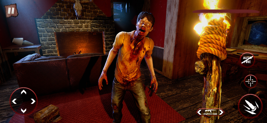 First-person view of a bloody zombie in a dark room lit by a handheld torch in an offline survival horror game.