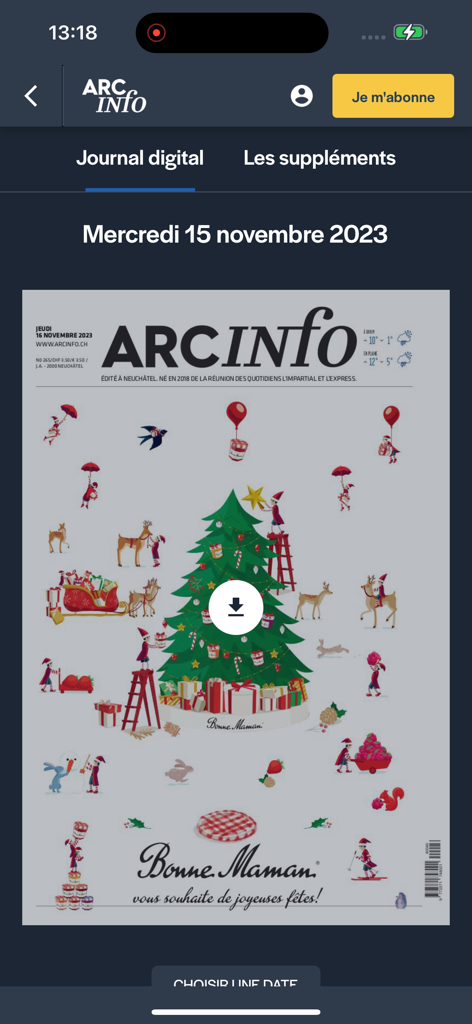 Pantalla de la aplicación Arcinfo mostrando la edición del periódico digital del 15 de noviembre de 2023 con un anuncio navideño de Bonne Maman