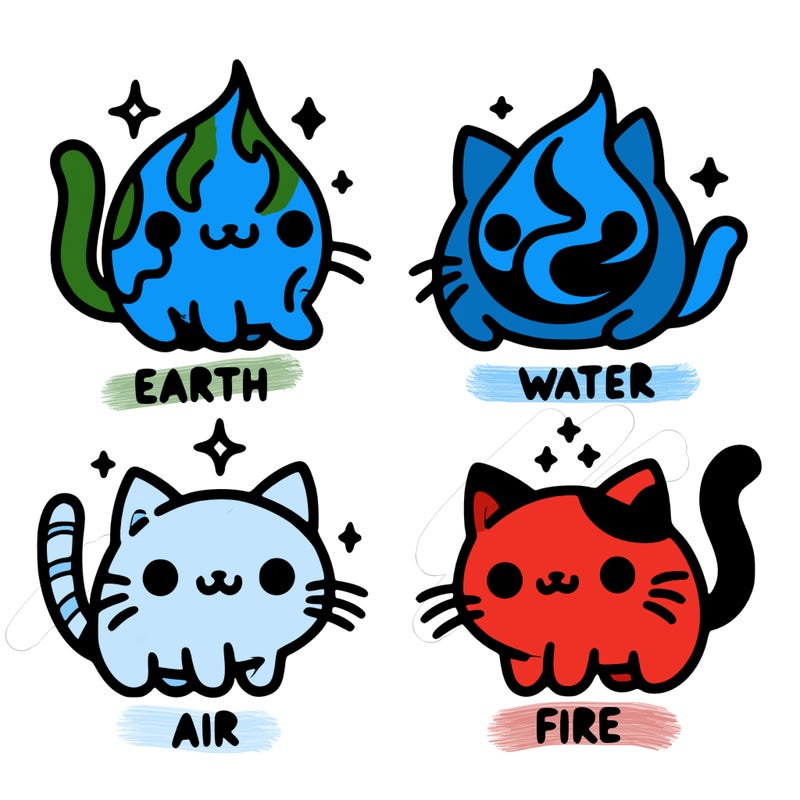 4 cats that represent the different elements, earth, water, air, and fire