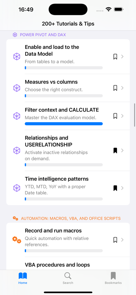 200+ Excel Tutorials & Tips - Mobile app screen showing a list of Excel tutorials for Power Pivot and Automation categories with progress bars