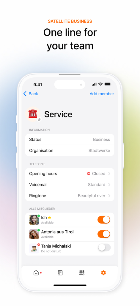 satellite - Mobil telefonieren - Satellite app business line interface showing team member availability and settings
