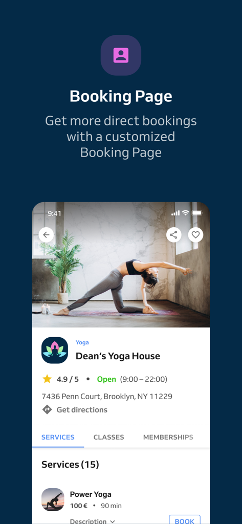 Application Reservio Business affichant une page de réservation personnalisée pour un studio de yoga