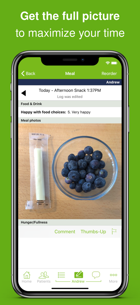 Nourishly for Clinicians app interface showing a patient meal log with a photo of a snack and satisfaction rating