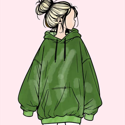 realistic girl with a oversized sweatshirt on and a bun