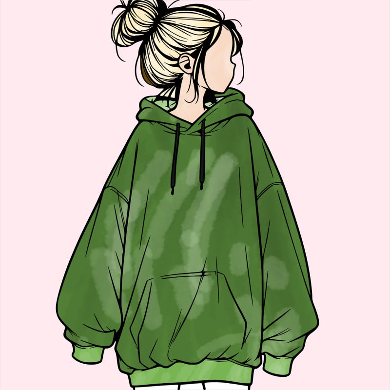 realistic girl with a oversized sweatshirt on and a bun