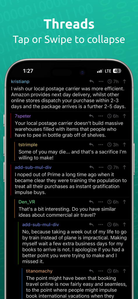 Hacker News reader app displaying nested comment threads in dark mode
