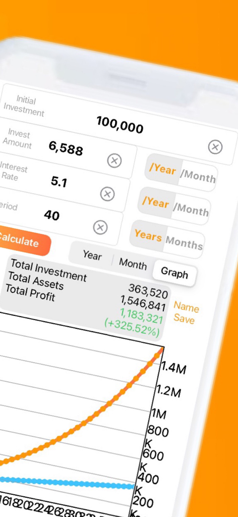 Compound Interest Calculator. - Interfaz de la aplicación de calculadora de interés compuesto que muestra proyecciones de inversión y un gráfico de crecimiento del patrimonio.
