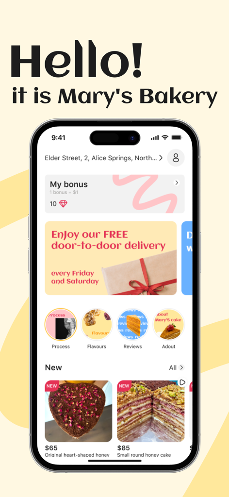 Home screen of the Marys Bakery app showcasing honey cakes and a free delivery promotion.