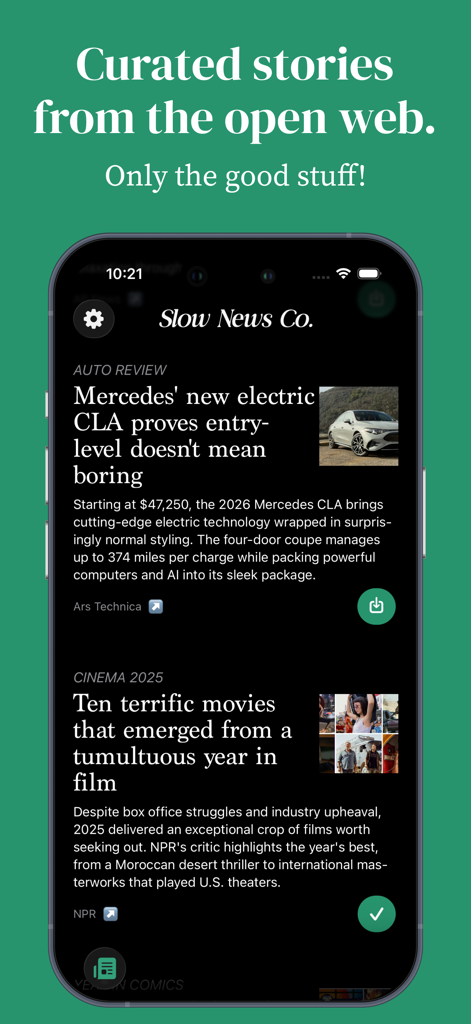 Slow News Co. - Curated Feed - Slow News Co kuratierte Nachrichten-Feed-Oberfläche