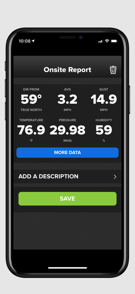 Wind & Weather Meter - Relatório meteorológico no local em tempo real mostrando dados de velocidade do vento, rajadas, direção, temperatura e pressão atmosférica em um dispositivo móvel