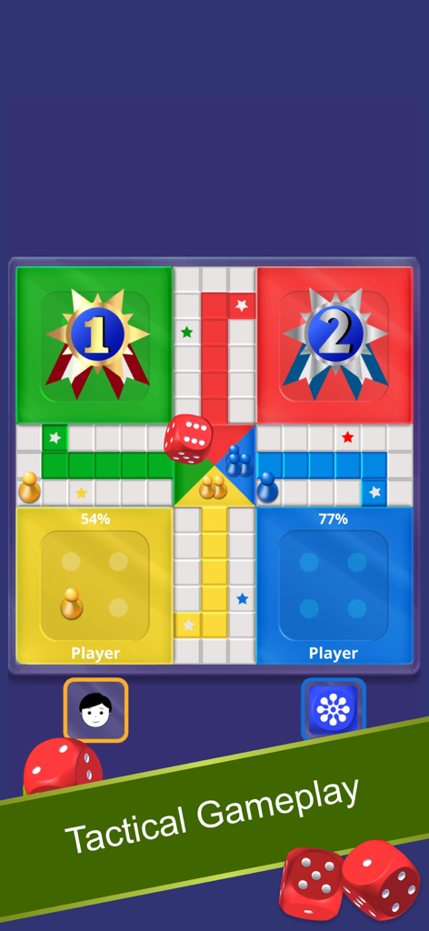 Ludo board game match interface showing player progress percentages and winner badges