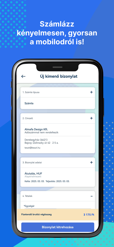 Interfaz móvil de la aplicación Billingo para crear una nueva factura digital con secciones para los detalles del destinatario y la información de pago