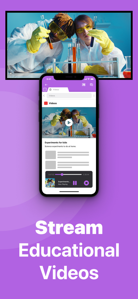 Ein iPhone, das ein wissenschaftliches Bildungsvideo auf einen großen Sony Smart TV-Bildschirm spiegelt.