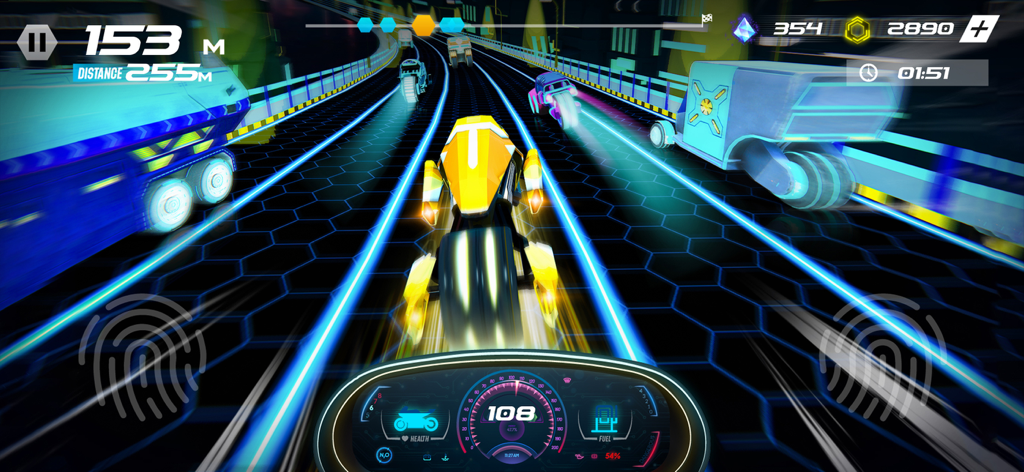 Neon Rider - Xtreme,Stunt,Race - A yellow futuristic bike racing on a neon highway with other vehicles and a digital dashboard