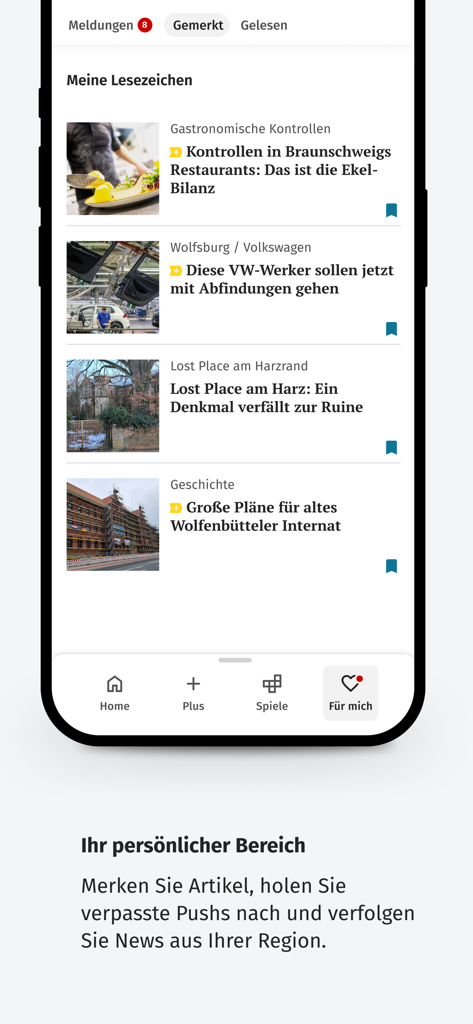 Der personalisierte Lesezeichenbereich der Braunschweiger Zeitung News App auf einem iPhone
