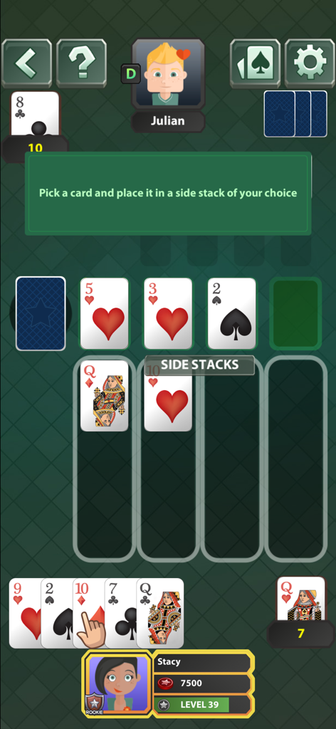 Spite and Malice Card Game - Schermata di gioco del gioco di carte Spite and Malice che mostra una mano del giocatore e pile laterali con un messaggio tutorial