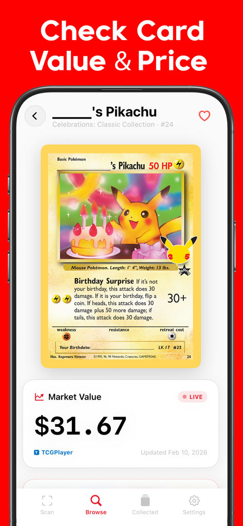 생일 피카츄 포켓몬 카드의 실시간 시장 가치를 보여주는 모바일 앱 화면
