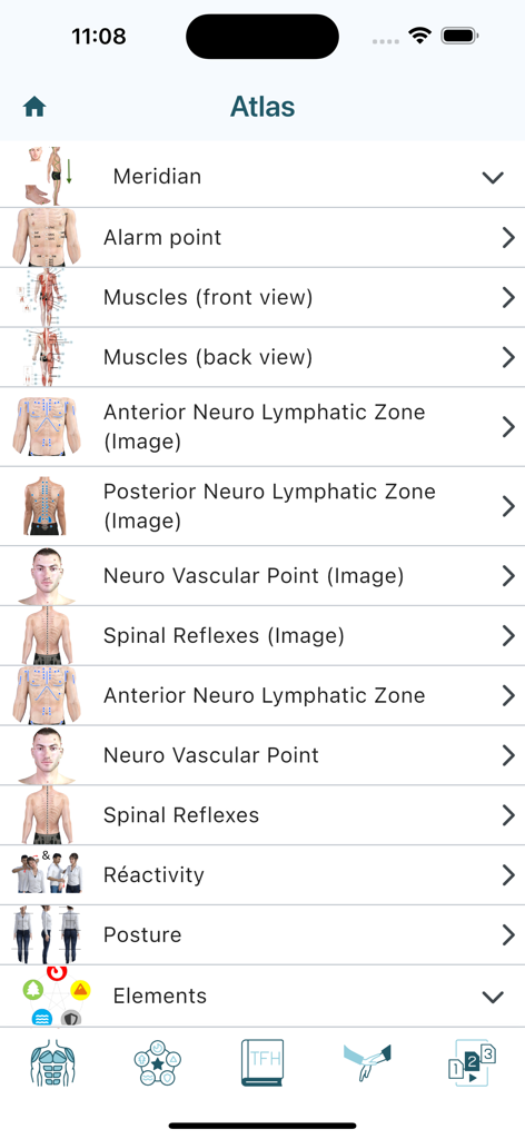 Atlas menu in the Touch For Health app listing anatomical and kinesiology reference categories like meridians and muscle views