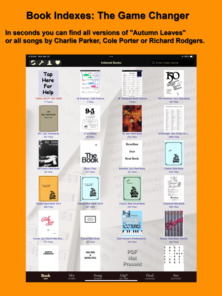 iGigBook Sheet Music Manager - Digital library view of the iGigBook app displaying various indexed jazz fake books and real books for musicians.