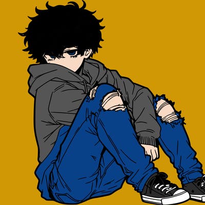 a male hoddie ripped jeans messy hair anime