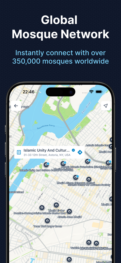Masjidbox One - Map view of mosques in New York City within the Masjidbox One app