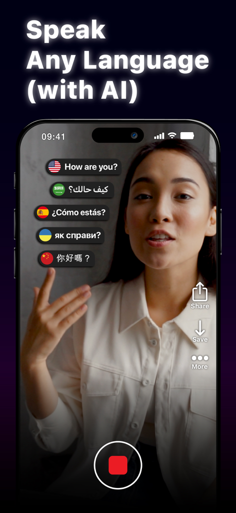 Eine Frau spricht in einem Video mit KI-Übersetzungsblasen, die mehrere Sprachen anzeigen, darunter Englisch, Spanisch und Arabisch