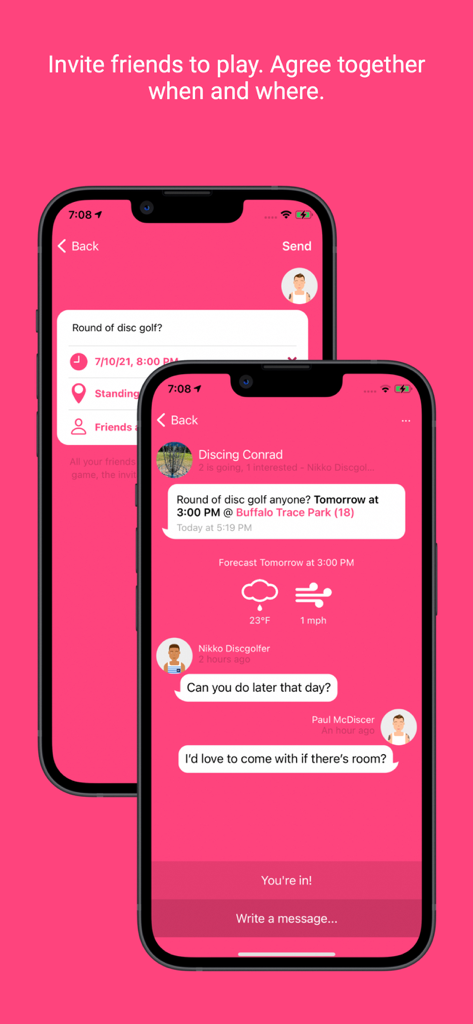 Interface of the Upsi Disc Golf app showing social features for inviting friends and planning rounds with an integrated chat.
