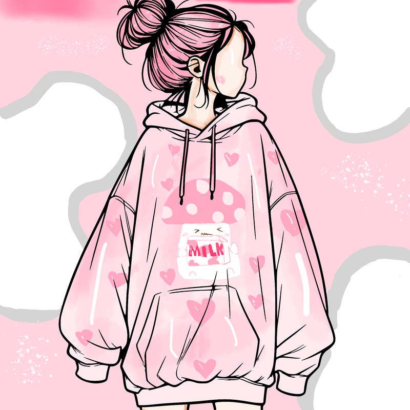 realistic girl with a oversized sweatshirt on and a bun