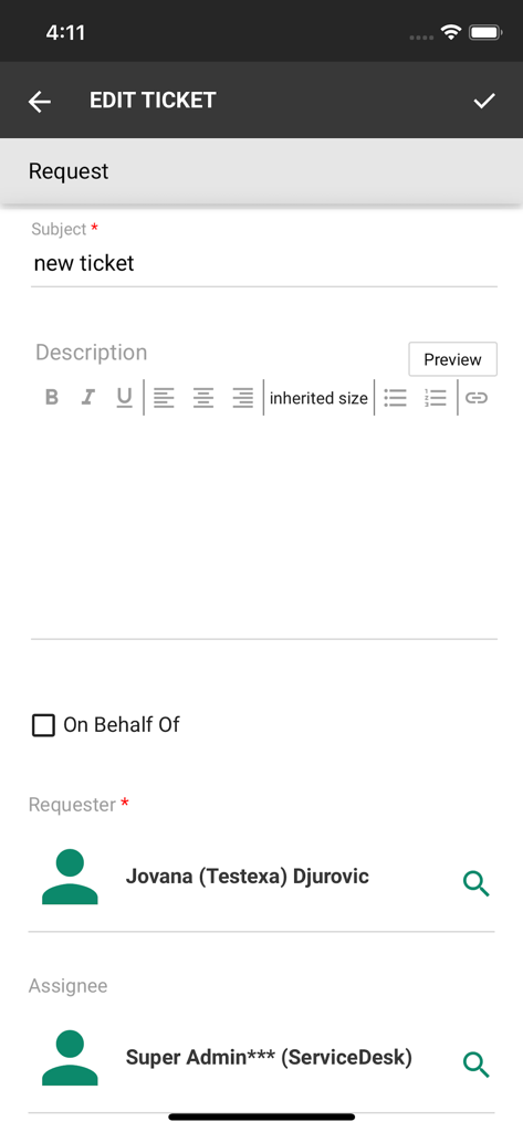 Nilex Service Platform - Mobile interface of Nilex Service Platform showing the edit ticket screen with subject description and assignment fields