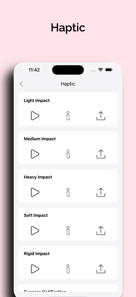 DevBox - Toolbox for Developer - Uma interface móvel no aplicativo DevBox exibindo várias opções de feedback haptic como impacto leve, médio e forte para desenvolvedores testarem e compartilharem