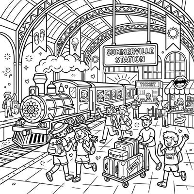 Get ready for a sun-soaked journey with this delightful coloring page featuring a bustling train station during summer vacation. Filled with happy travelers, a classic train, and festive details, it's perfect for capturing the joy of the season.